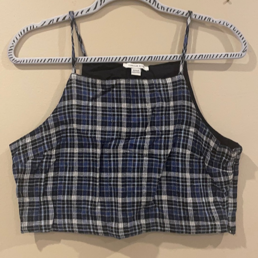 Blue Plaid Cropped Tank with Square Neckline